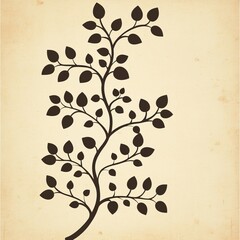 Elegant Silhouette Branch with Dark Brown Leaves on Beige Background