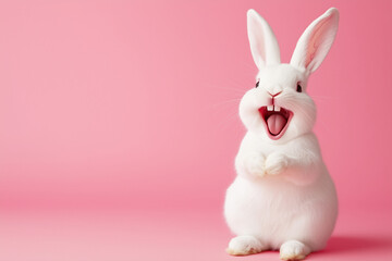 Obraz premium A white bunny rabbit holding a carrot in its front paws, giggling happily