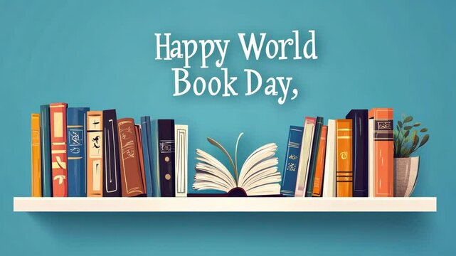 A colorful bookshelf celebrating World Book Day with an open book.
