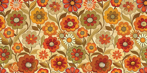 A vibrant floral pattern featuring an array of orange, red, and cream flowers with leafy accents.