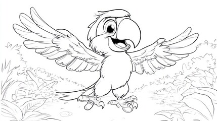 Obraz premium Coloring book page: Playful macaw carrying a snack