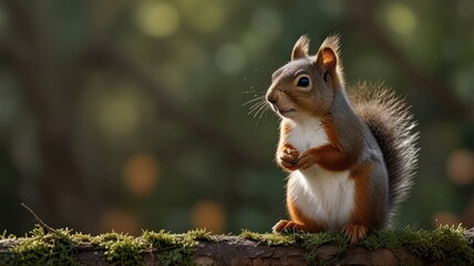Red squirrel sitting on mossy log in forest.