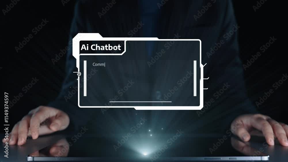 Poster human interact with ai artificial intelligence virtual assistant chatbot in concept of ai artificial