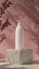 White pump cosmetic bottle on stone podium with pink stone background and dried plant. Concept for beauty commercial