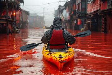 Medical kayak navigating through a thick red river in a flooded urban area