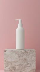 White cosmetic container pump bottle mockup on square stone podium with pink background. Concept for beauty commercial, Cosmetic advertising
