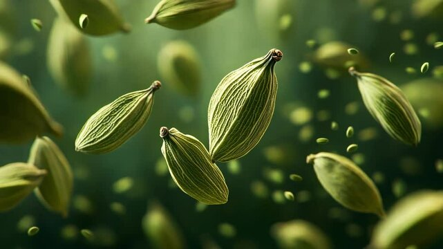 Floating cardamom pods create a fresh and aromatic atmosphere.