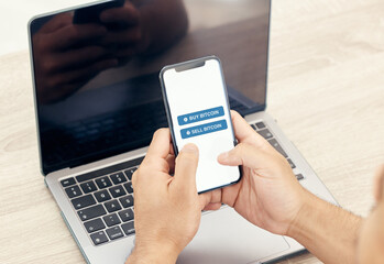 Phone screen, hands and man with cryptocurrency choice for trading on mobile app at home. Laptop, decision and closeup of male person with cellphone for virtual investment stocks online at house.