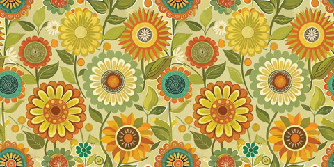Colorful floral pattern with vibrant yellow, orange, and green flowers on a soft background.