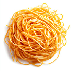 Freshly cooked golden pasta noodles piled in a delightful swirl.