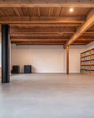 Fototapeta premium Spacious interior featuring wooden beams and organized shelving in a modern setting