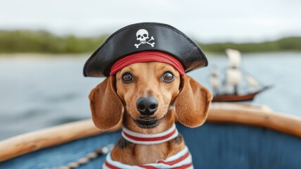 A cute dachshund wearing a pirate hat and striped shirt, posing with a playful expression on a boat against a scenic water backdrop.