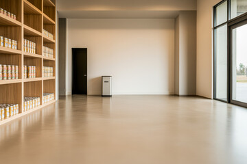 Obraz premium Modern interior with neatly arranged shelves in a minimalist space during daylight hours