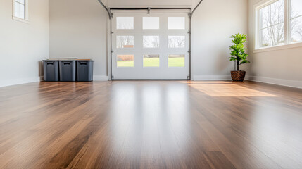 Fototapeta premium Bright and spacious garage with polished wooden floor and large windows offering natural light