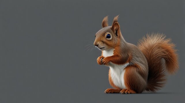 Adorable red squirrel sitting on grey background.