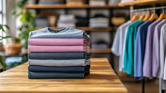Neatly stacked t-shirts in a stylish retail environment.