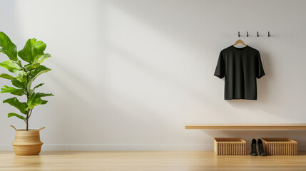 Minimalist interior featuring a black shirt hanging in a fresh and bright space
