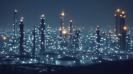 Nighttime view of an illuminated petrochemical refinery complex