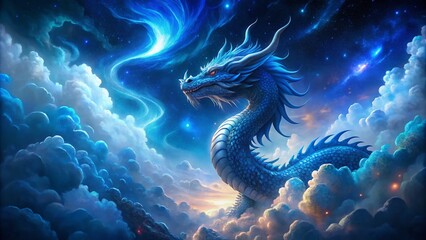 Fototapeta premium Mystical Blue Dragon Soaring Through Starry Night Clouds - Surreal Fantasy Art