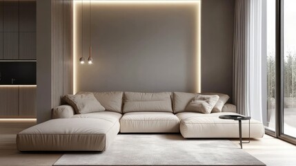 Stylish studio apartment interior with comfortable beige sofa