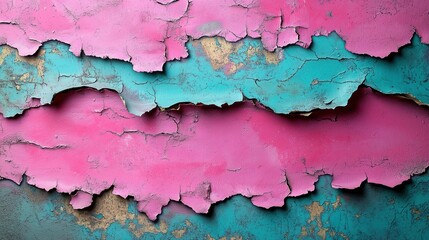 Obraz premium Peeling pink, teal paint on textured wall creates vibrant abstract art piece. Wall shows layers of paint in various stages of decay. Distressed rustic surface with cracks, chipped paint underlying