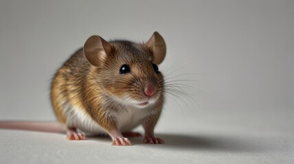 Close-up of a small brown mouse on a light gray background.