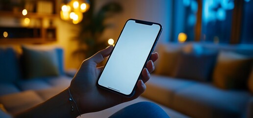 Person holding smartphone with blank screen at night in living room.