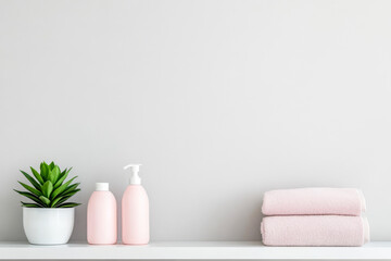 Soft pink bathroom decor with towels and skincare products on a minimalist shelf