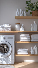 Modern laundry room with organized shelves and fresh towels in bright interior