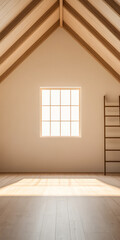 Obraz premium Spacious interior with wooden beams and natural light streaming through window