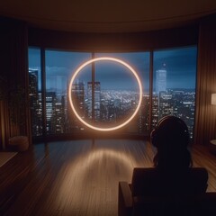 Night Cityscape View from Modern Apartment with Ring Light