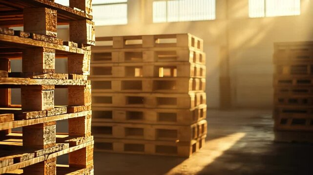 Sunlit wooden pallets stacked in a spacious warehouse setting.