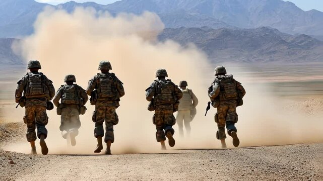 Soldiers running through dusty terrain in a military operation.
