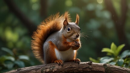 Red squirrel eating on a branch in forest.