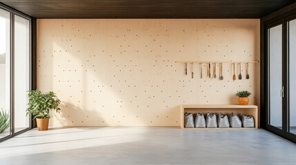 Modern minimalist interior with wooden wall and plants for a serene atmosphere