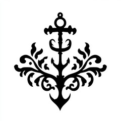 Ornate Anchor with Flourishing Floral Design, Nautical Tattoo Style