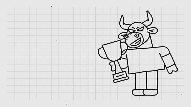 Template for text doodle bull holds gold cup and smiles