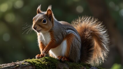 Obraz premium Red squirrel sitting on mossy branch in sunlight.