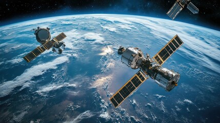 Obraz premium A dramatic representation of space research, with satellites, telescopes, and a futuristic view of Earth