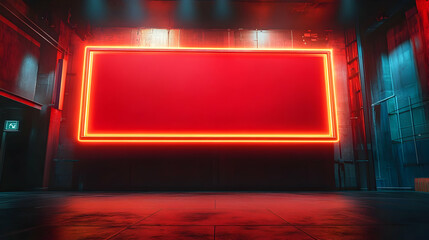 A dimly lit space featuring a large red neon frame, ideal for signage or display.