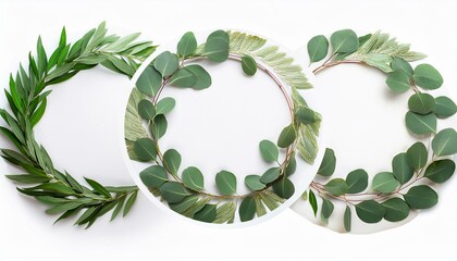 Wreath of flowers - Set of round eucalyptus leaf frames isolated white background