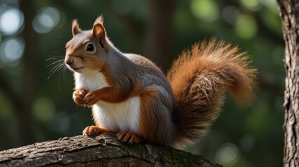 Obraz premium Red squirrel sitting on a tree branch.