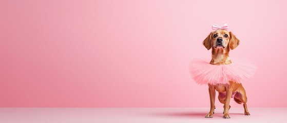 A playful dog in a pink tutu stands confidently against a soft pink background, showcasing a whimsical and fun pet fashion moment.