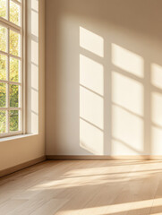 Fototapeta premium Bright sunlight creates beautiful shadows in a minimalist room with large windows