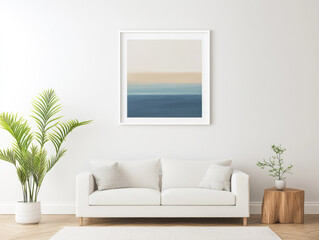 Naklejka premium Modern living room with minimalist design featuring abstract wall art and indoor plants