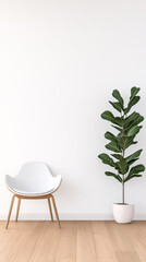 Fototapeta premium Modern interior design featuring a minimalist chair and a potted plant in a bright space