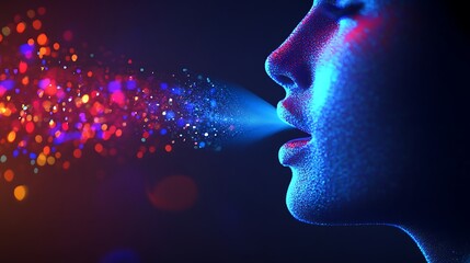 Vibrant Light Particles Emanating From Woman's Mouth in Dark Setting