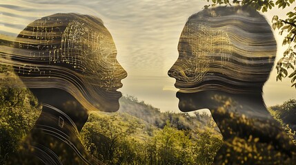 Abstract Silhouette Faces Merging with Musical Notes and Nature