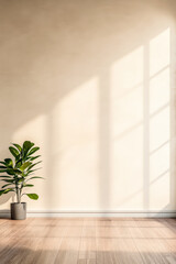 Fototapeta premium Bright sunlight casts shadows on a minimalistic interior with a indoor plant