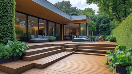 Modern house terrace renovation with composite decking. Stylish outdoor space with WPC flooring, series of steps leading to terrace. Comfortable furniture set, rich green plants surround decking